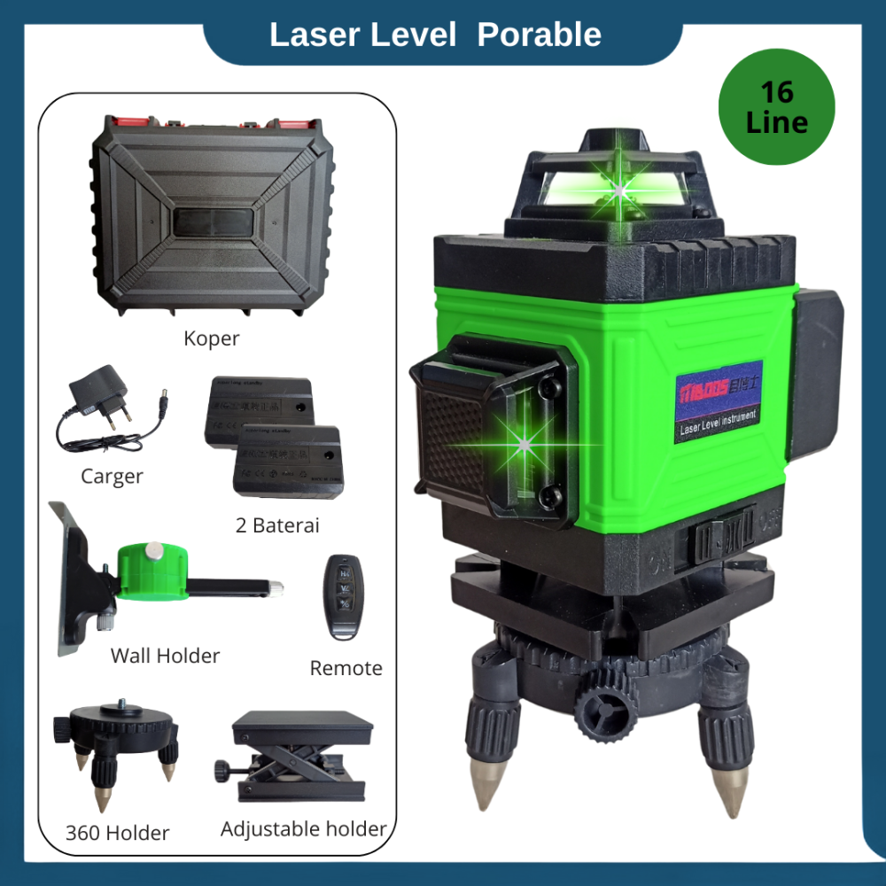 Laser Level 16 Line self leveling laser 4D laser hijau 2 baterai 