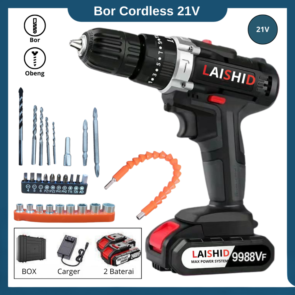 Bor Baterai 21 volt Lengkap Mesin Bor Portable obeng drill lengkap koper