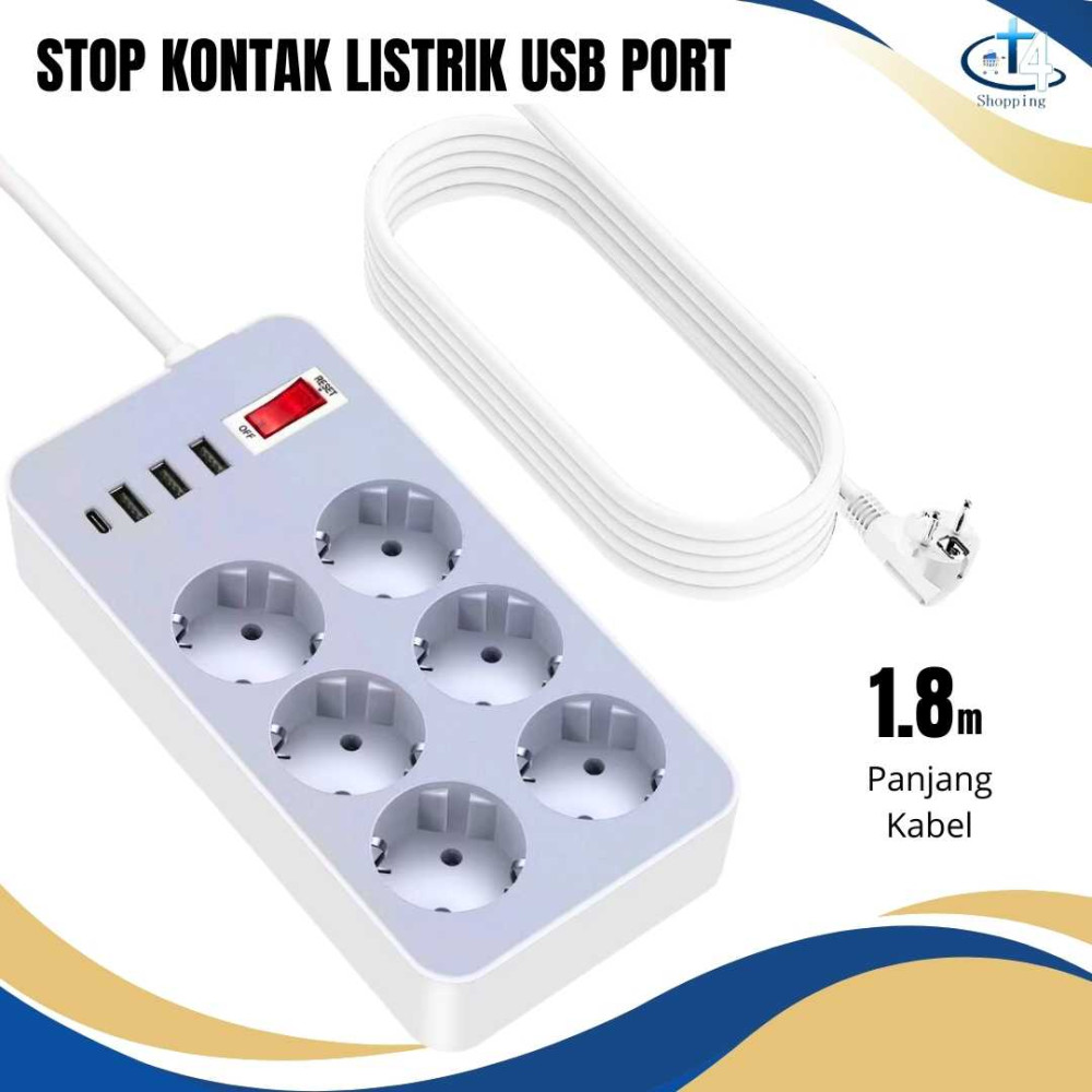 Stop Kontak USB Kabel Serbaguna Colokan Listrik USB Port 6 Colokan + 1 Type C + 3 USB 2.1A