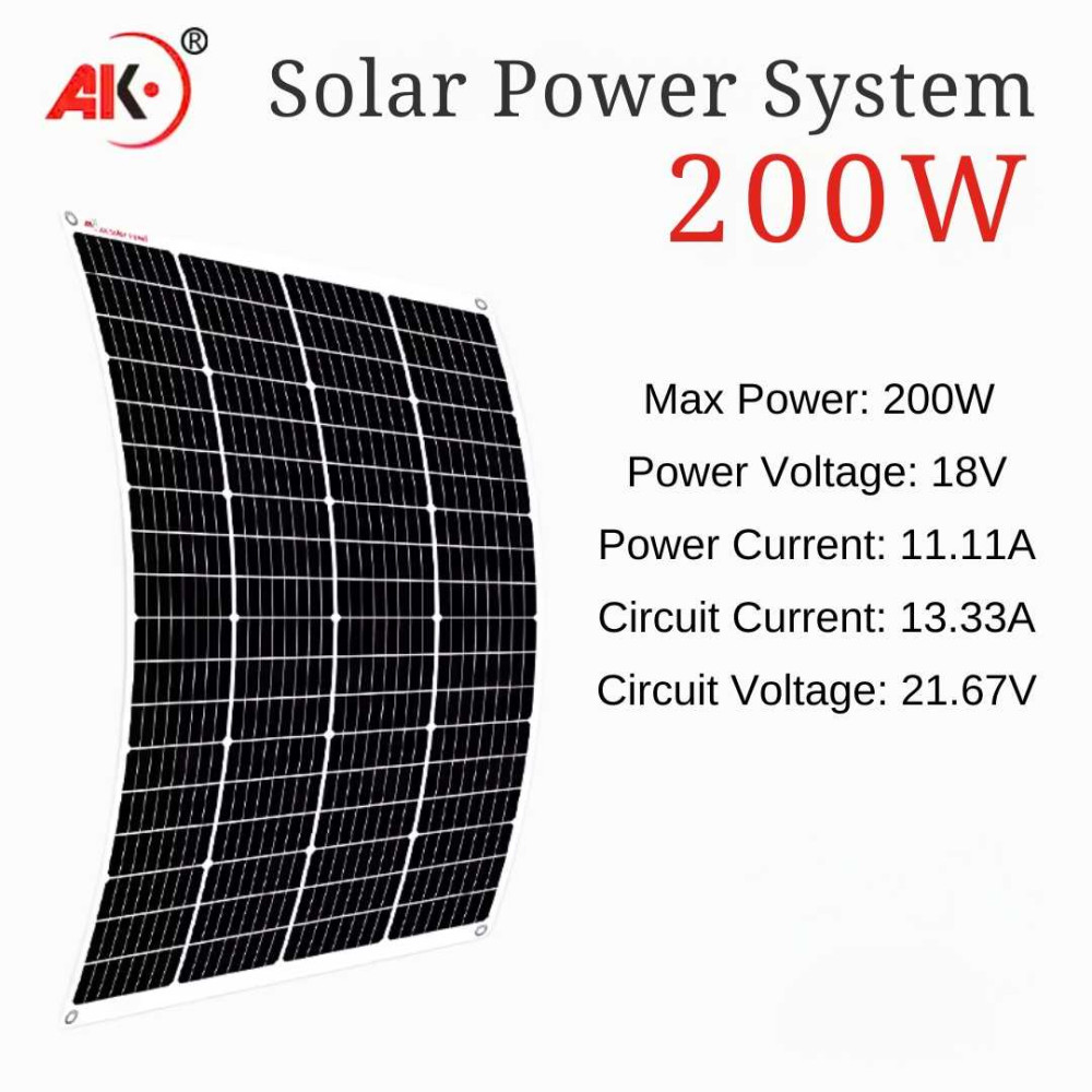 AK Panel Surya 200W Flexible Solar Panel Monocrystaline IP67 Anti Air Dapat Melengkung 258° Untuk Atap Mobil Van RV