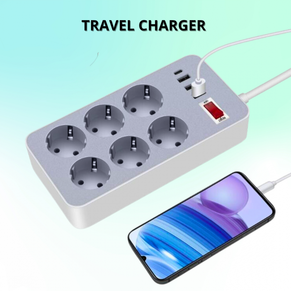 Travel Charger Stop Kontak USB Serbaguna 6 Lubang 3 USB Port 1 Tipe C