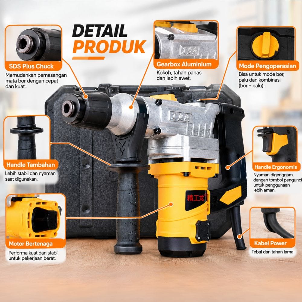 Electric Demolition Hammer Drill 1900W Mesin Penghancur & Bor Beton Set - Gambar 4