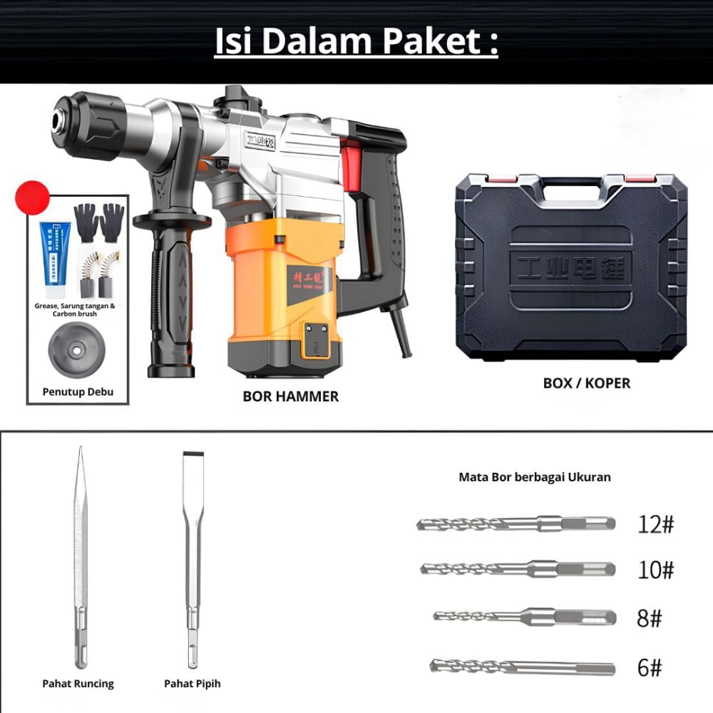 Electric Demolition Hammer Drill 1900W Mesin Penghancur & Bor Beton Set - Gambar 5