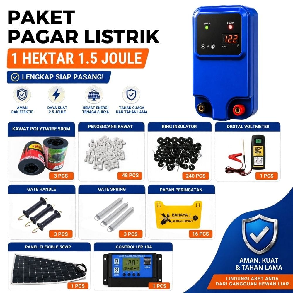 Pagar Listrik 400 Meter 1.5 Joule Electric Fence 3 Line Paket Lengkap Peternakan Perkebunan