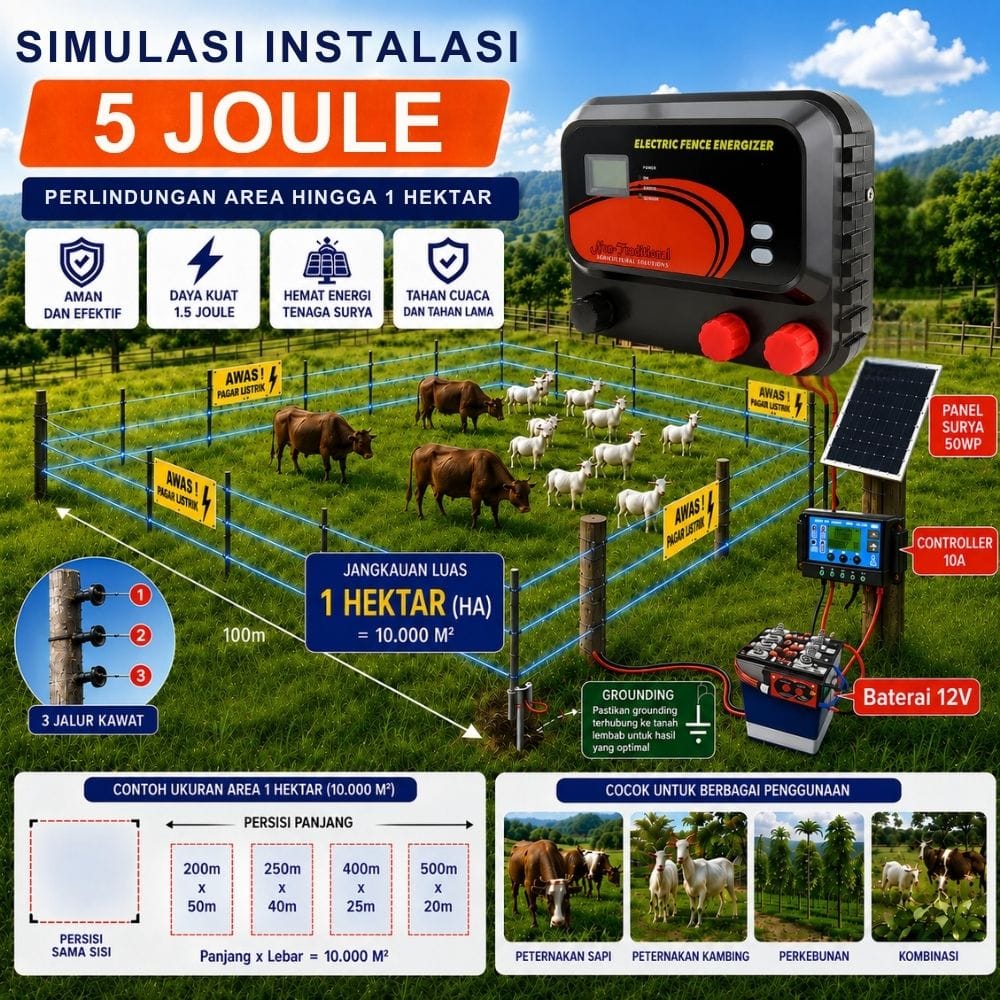 Pagar Listrik 5 Joule Paket 1 Hektar Pengaman Ternak & Perkebunan Siap Pasang - Gambar 3