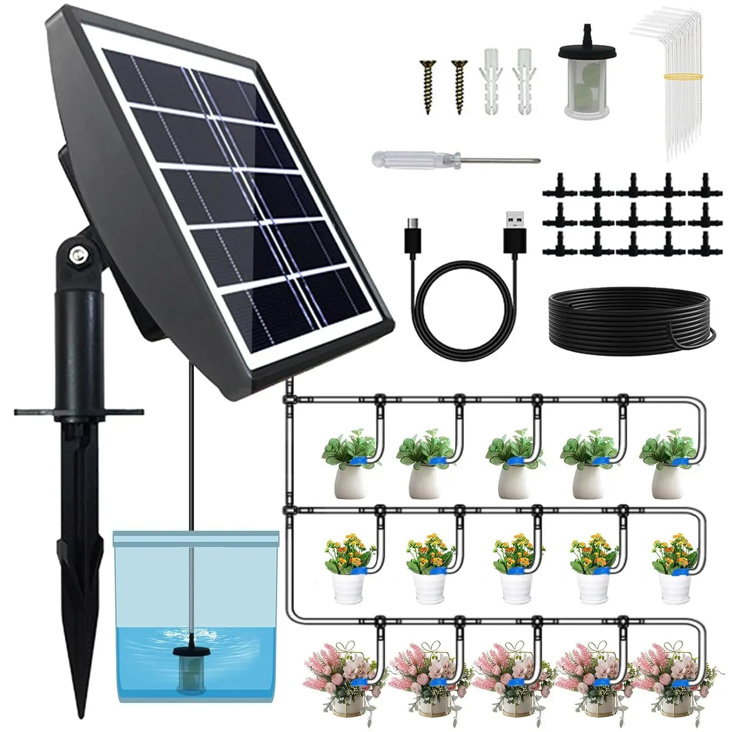 Digital Water Timer Tenaga Matahari 15 Jalur Pot Tanaman Penyiraman Otomatis Tanpa Listrik Pompa Irigasi Tetes
