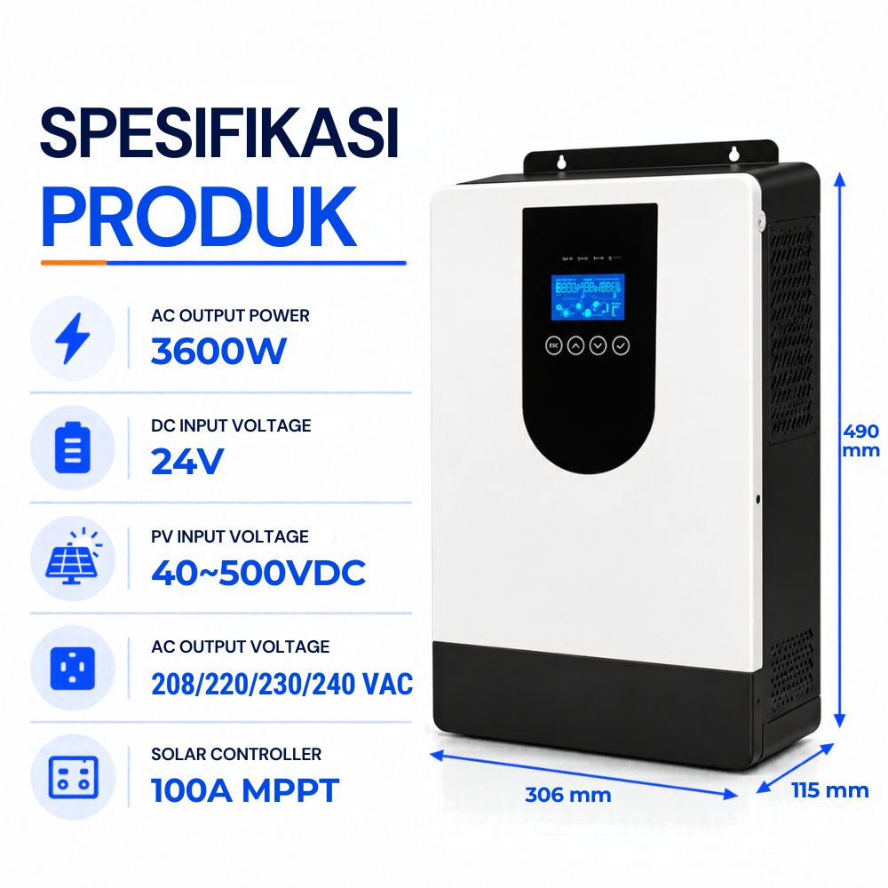 Solar Inverter Hybrid 24V 3600W MPPT 100A 40-500VDC Pure Sine Wave - Gambar 2