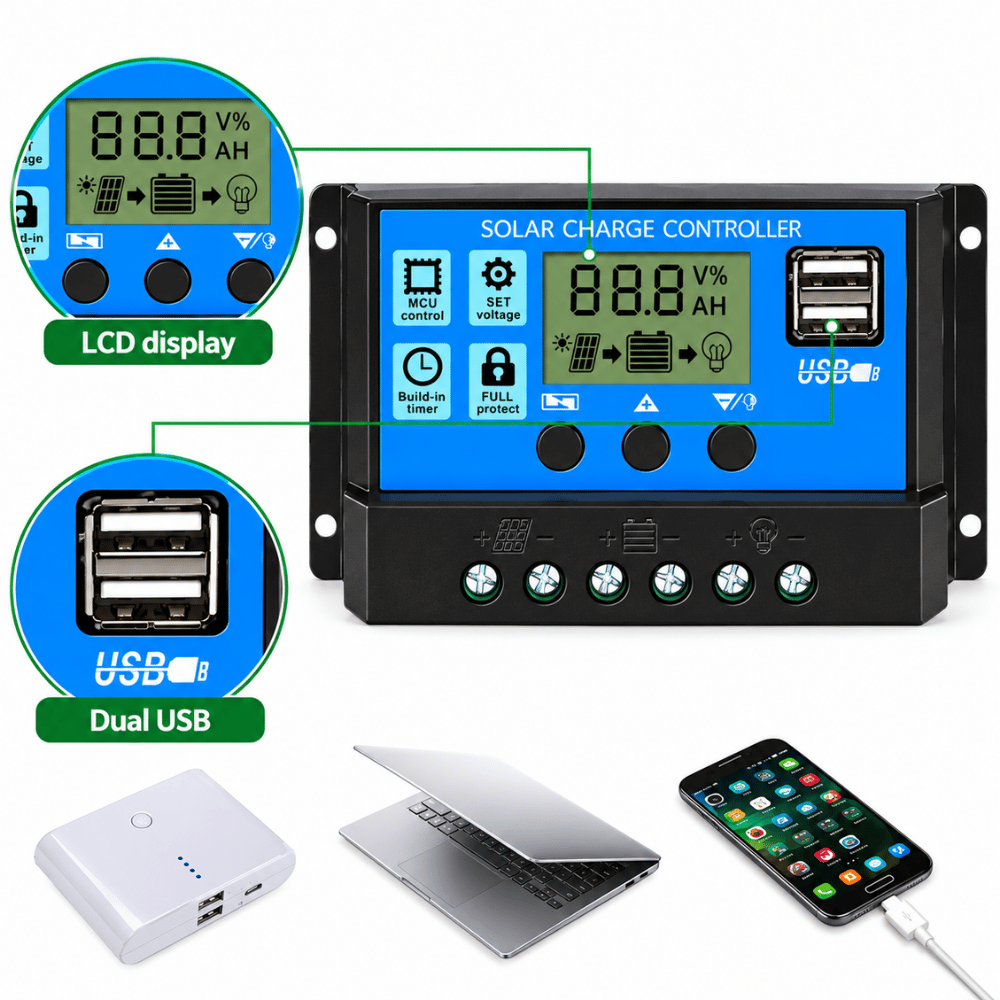 Solar Charge Controller 10A 20A 30A PWM 12V 24V LCD USB Dual USB Panel Surya - Gambar 2