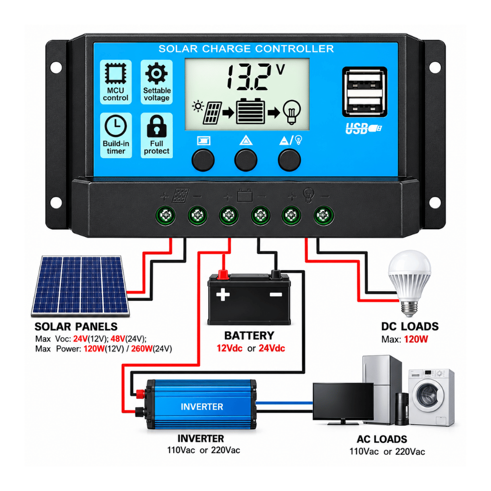 Solar Charge Controller 10A 20A 30A PWM 12V 24V LCD USB Dual USB Panel Surya - Gambar 4